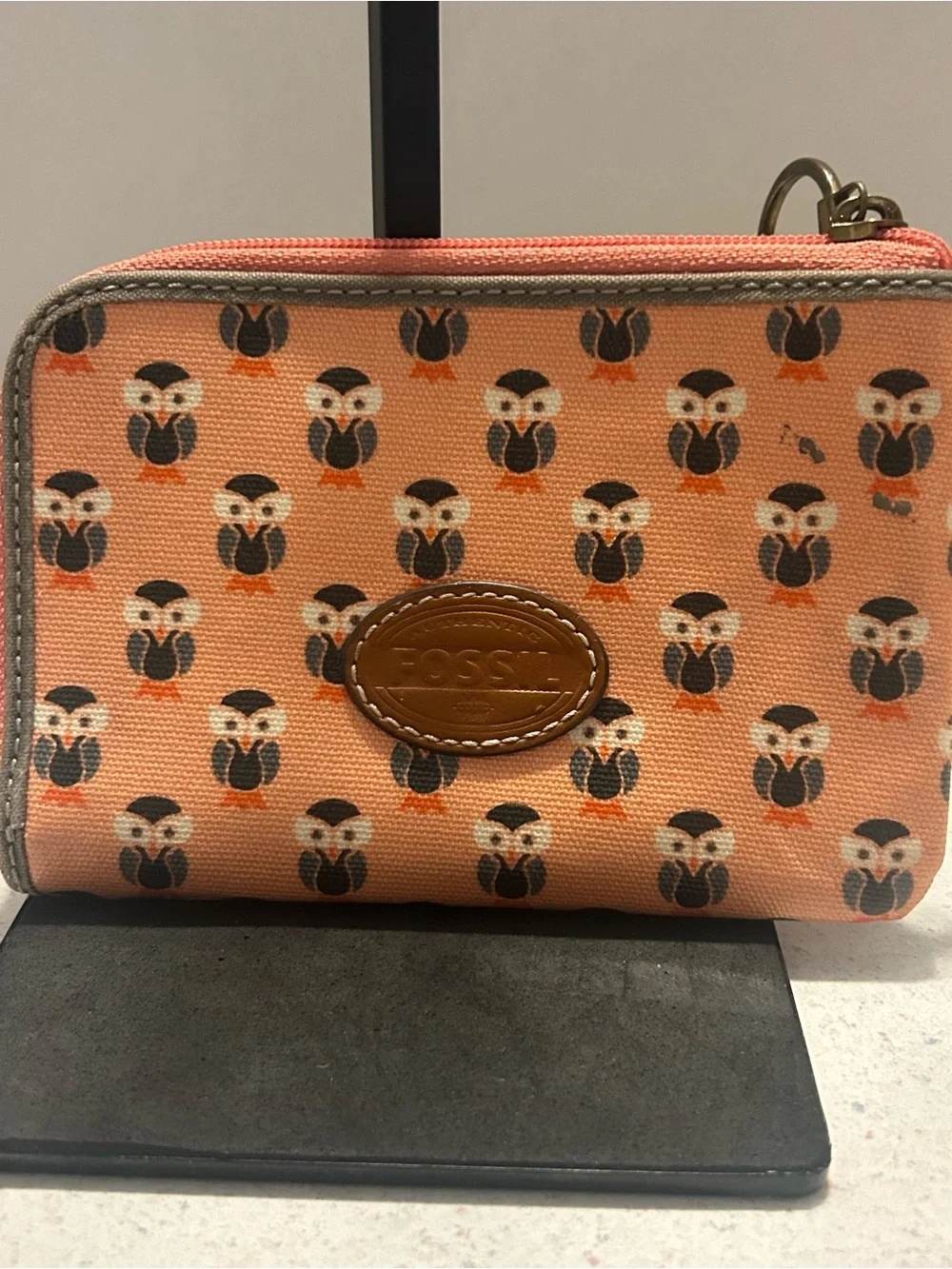 Fossil Peach Canvas Owl Zip Card Wristlet